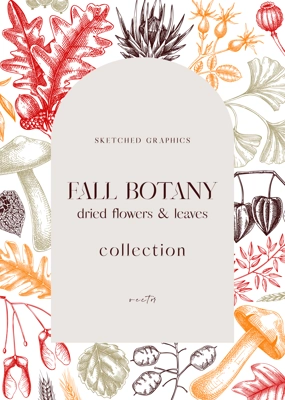 Autumn arc design with fall leaves and dried flowers. Thanksgiving background. Fall card or invitation. Sketched dried herbs, falling leaves, mushrooms, seeds frame. Botanical illustration in color